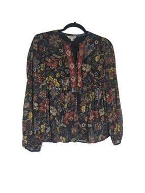 Frye & Co Boho Floral Blouse Size Small | Sheer Peasant Top Embroidered Neckline